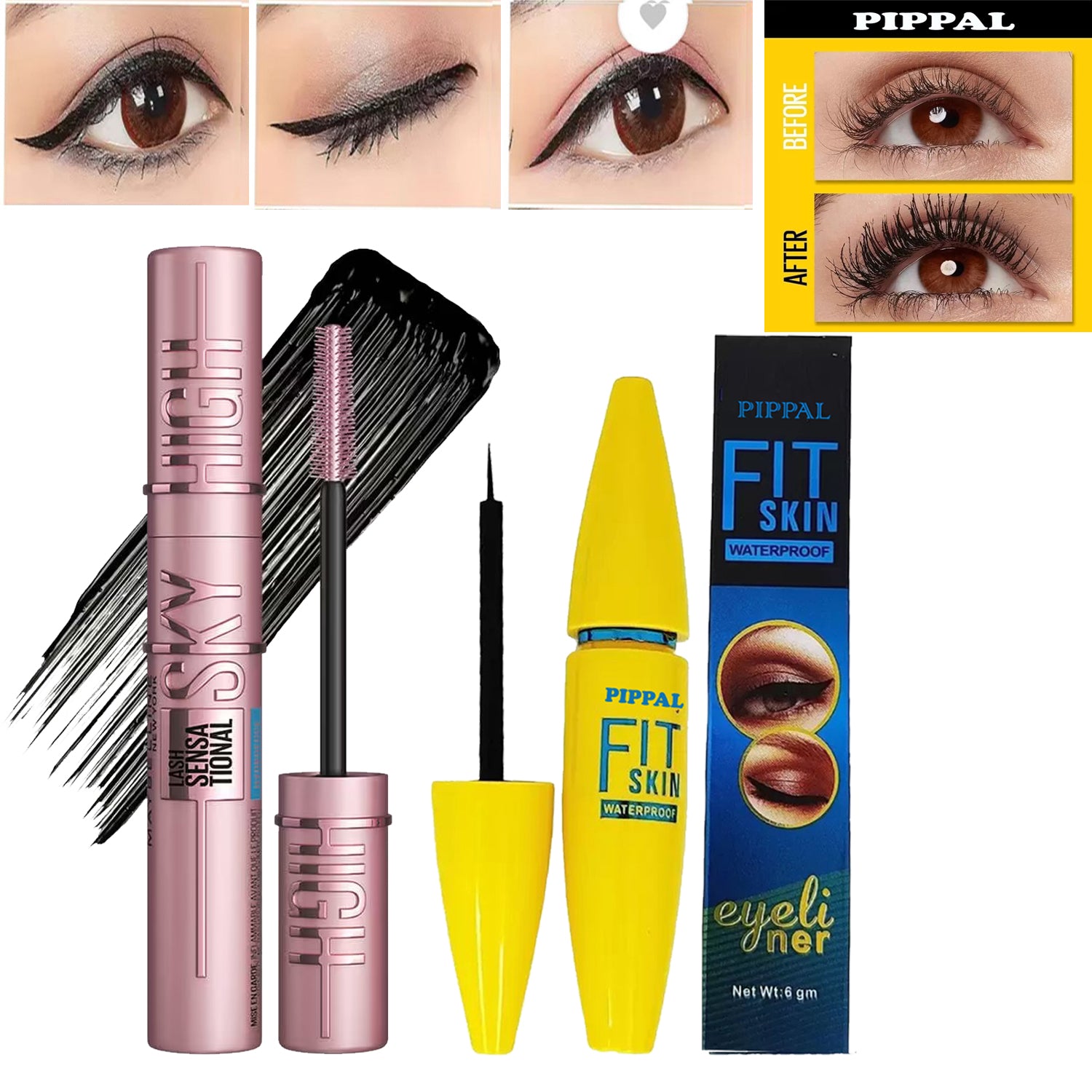 Pippal Sky High Mascara with Fit Skin Eyeliner Ultra Volume Volumizing Mascara for Bold And Dramatic Lashes Long Lasting Waterproof 12Gm