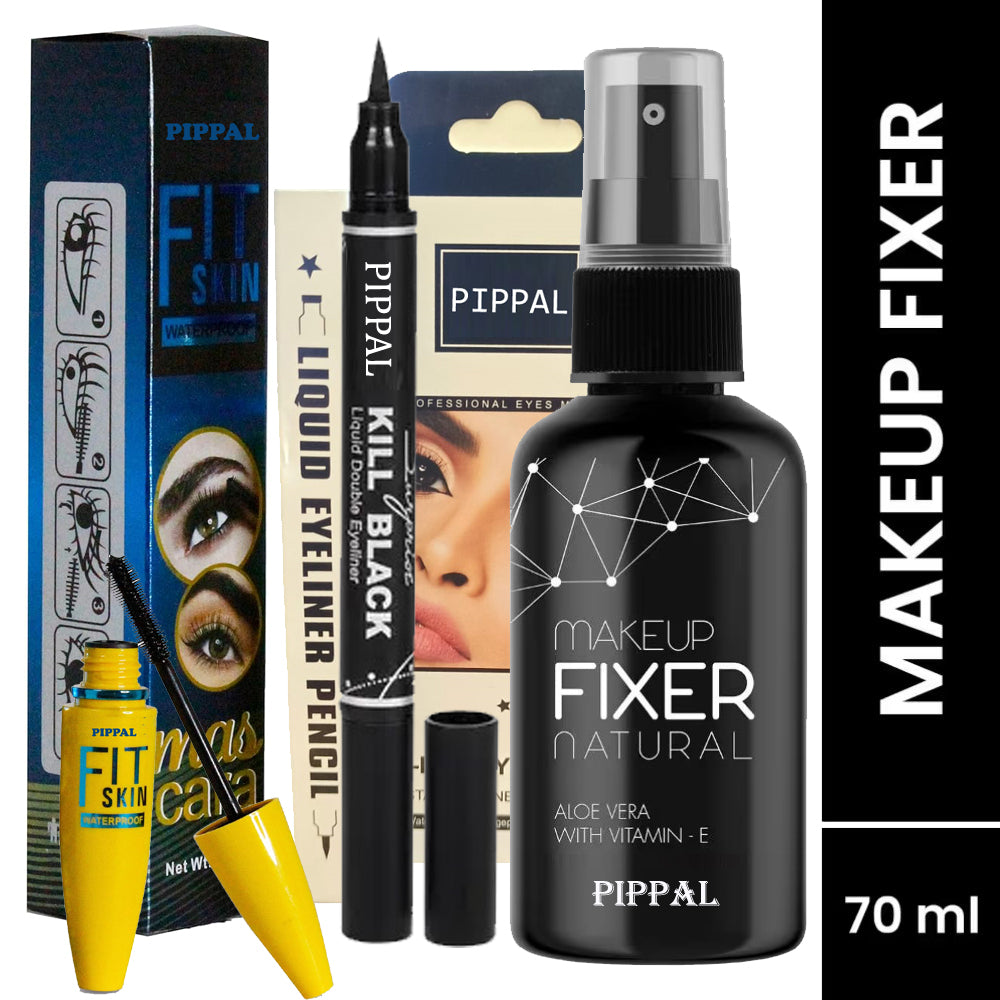 Pippal Beauty Makeup Fixer Natural Dewy Finish with Vitamin E And Aloe Vera Long-Lasting Hydrating & Refreshing Setting Spray 80ml (Pack of 1) with Fit Skin Mascara And 2 in 1 Eyeliner