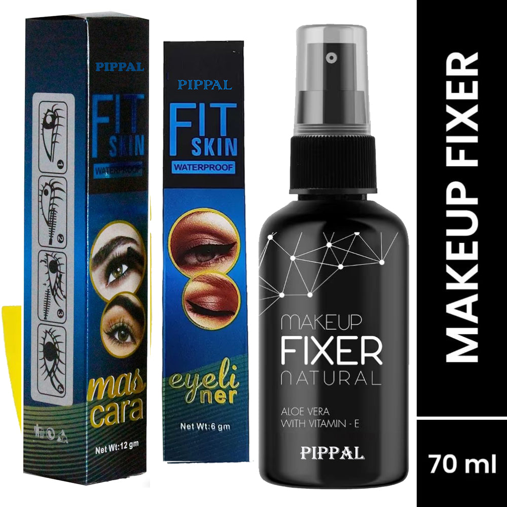 Pippal Long Lasting Natural Makeup Fixer Spray Primer - 80ml (Transparent) Pack of 1 with Fit Skin Supar Black Eyeliner And Mascara