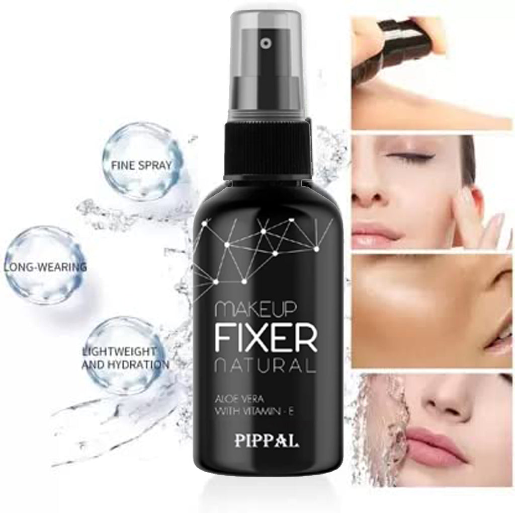 Pippal Long Lasting Natural Makeup Fixer Spray Primer - 80ml (Transparent) Pack of 1 with Fit Skin Supar Black Eyeliner And Mascara